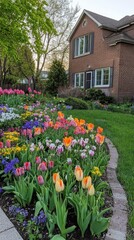Colorful tulips bloom in front of a brick house