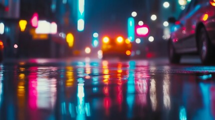 Fototapeta premium Nighttime city street scene with reflections on wet pavement and blurred traffic light in background
