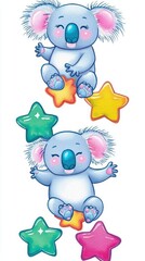 Cute cartoon koalas happily playing with colorful stars.