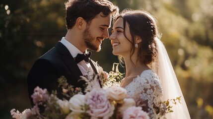 Couple's tender moment, park wedding portrait, sunlight