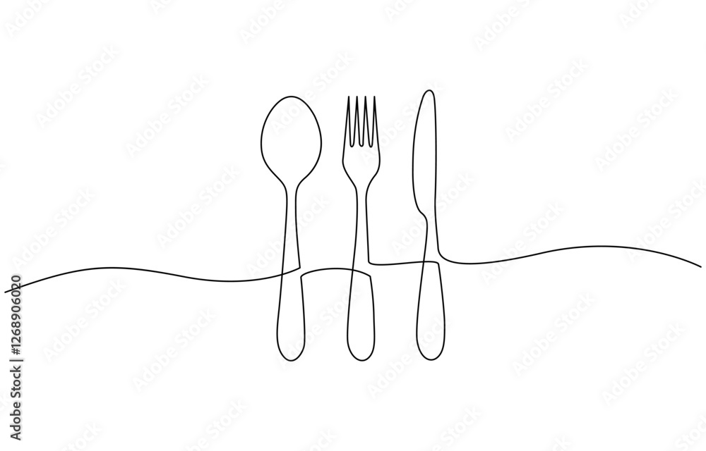 Poster spoon fork place mat one line drawing continuous, single one line drawing spoon. tableware concept. 