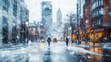 Snowy city street pedestrians walking in winter weather.