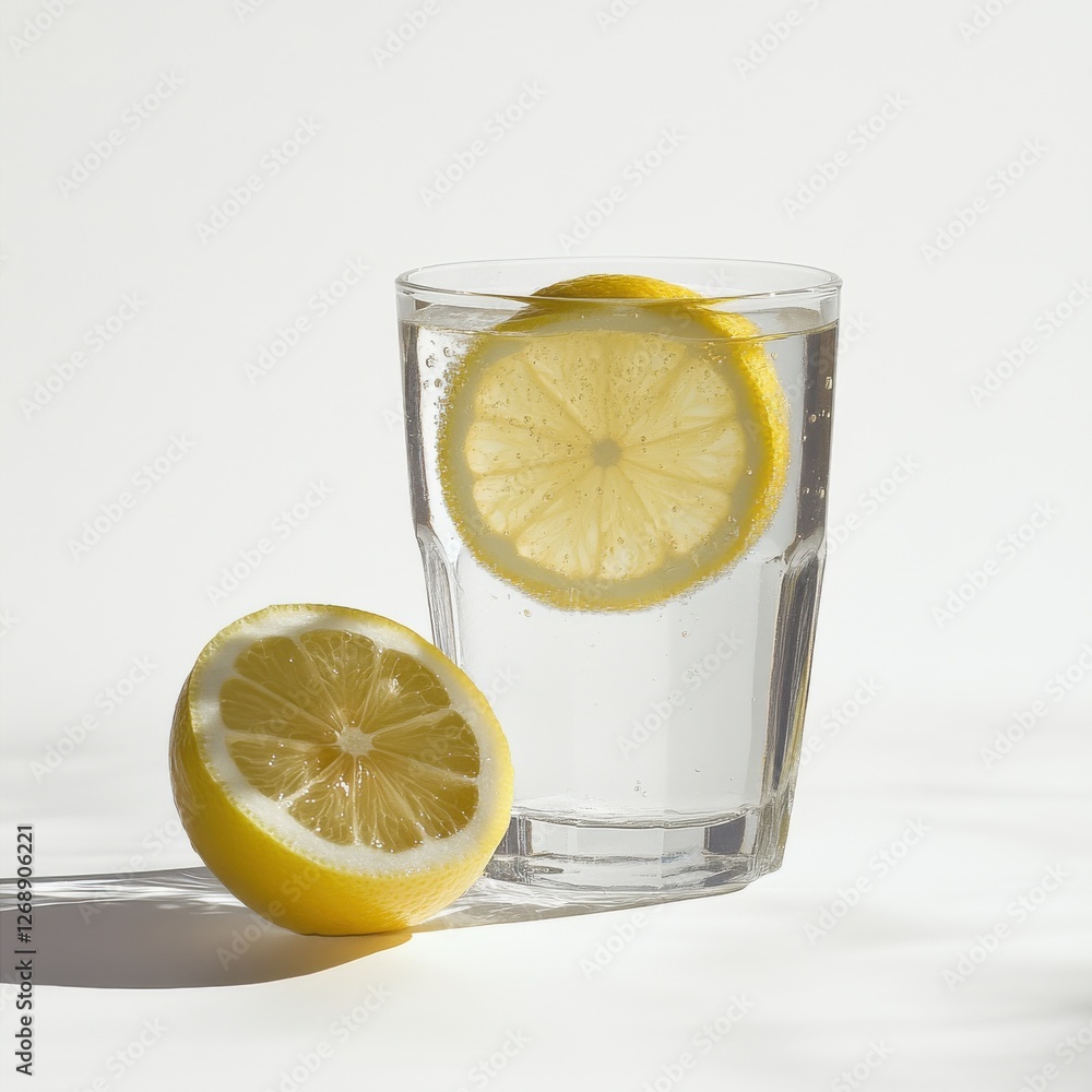 Poster Refreshing iced lemonade served in a clear glass with a slice of lemon on a bright background