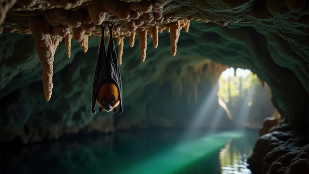 Hibernating bat, Photorealistic cave with a bat hanging upside down amidst stalactites and stalagmites