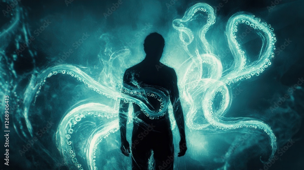 Leinwandbilder Man surrounded by glowing tentacles in an abstract representation of unity with nature