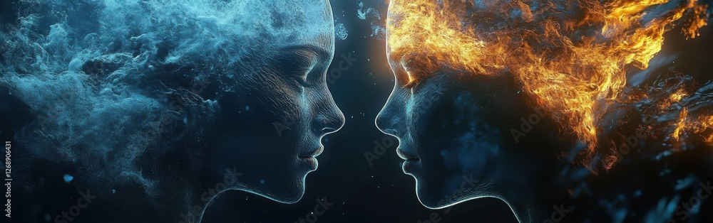 Aufkleber conceptual depiction of two glowing faces representing water and fire in a creative artistic clash o