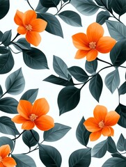 Obraz premium Orange Blossoms and Teal Leaves - Vibrant orange flowers and dark teal leaves create a striking floral pattern on a white background. Perfect for textile design or wallpaper