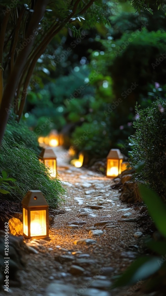 Poster illuminated garden path with lanterns guiding the way