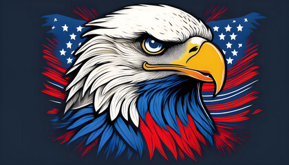 Fototapeta premium A majestic bald eagle, America’s national bird blending with the stars and stripes of the American flag