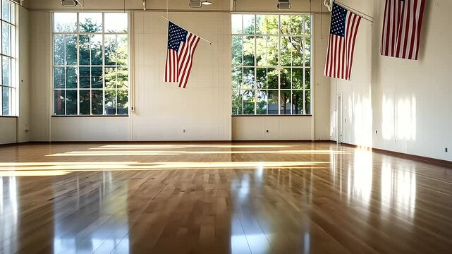 Community Center with USA Flags for Local Event