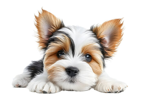 Very cute Biewer Terrier dog pup, laying facing front. Looking straight to camera. Isolated cutout on a transparent background.