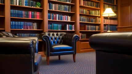 Cozy reading nook in a library with leather chairs and bookshelves filled with colorful volumes