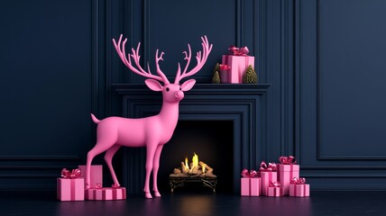 Pink Reindeer Christmas Decor - Pink reindeer figurine stands before a fireplace, surrounded by pink gift boxes. Elegant Christmas scene
