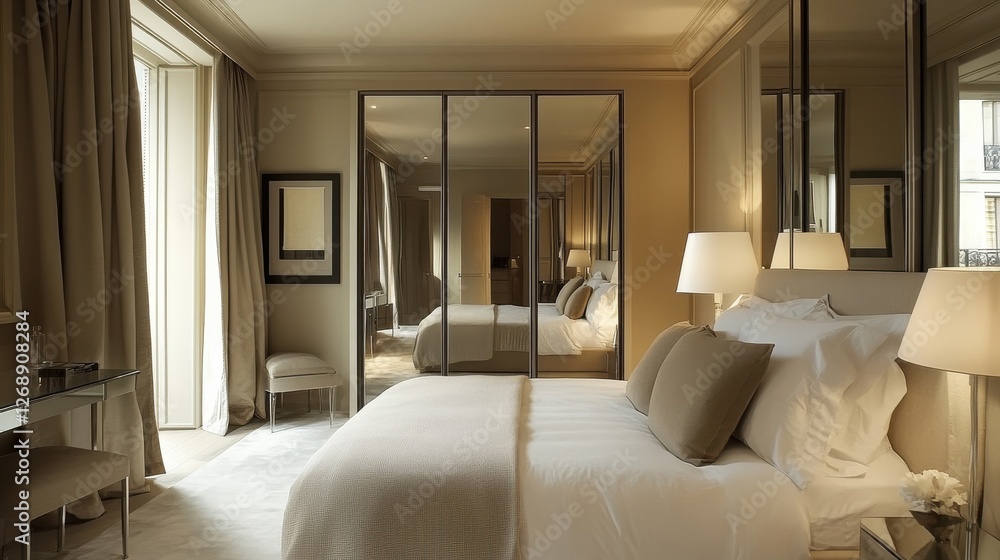 Poster elegant bedroom with full-length mirrored wardrobe and soft lighting creating a serene atmosphere