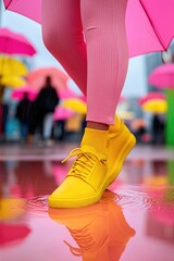 Fototapeta premium Vibrant Yellow Sneakers and Pink Fashion in Rainy Urban Setting with Bright Umbrellas