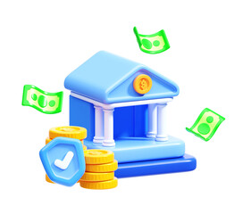Bank building with money and shield security 3D illustration