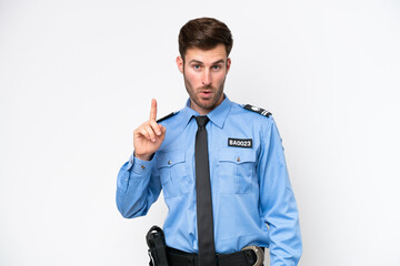 Young police caucasian man isolated on white background thinking an idea pointing the finger up