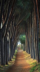 Fototapeta premium Serene Pathway Through Tall Majestic Trees