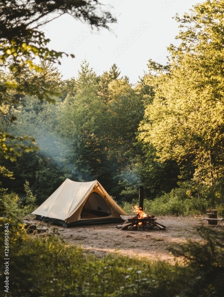 Poster camping in the forest with a tent and campfire during a serene summer evening. generative ai