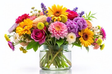 Elegant Bouquet of Flowers in Glass Vase, Isolated on Pure White Background