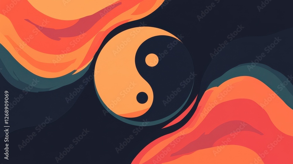Poster yin and yang symbol surrounded by abstract wave patterns
