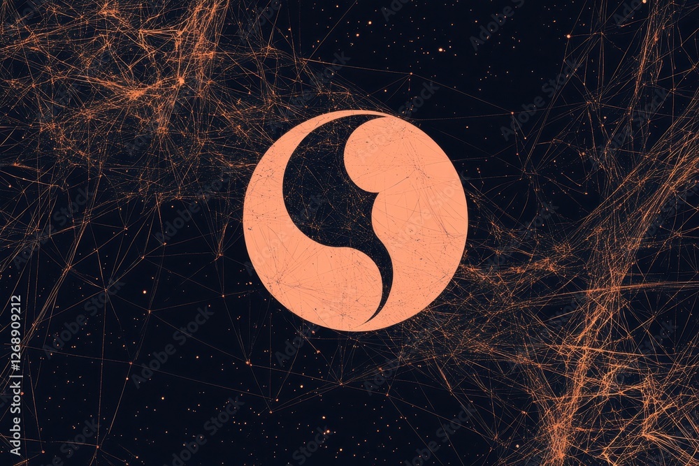 Poster abstract network background with central circular symbol in peach tone