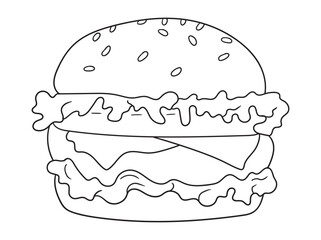 Delicious burger coloring page with a simple outline design. Great for food lovers, kids, and adults. Ideal for printable coloring books and digital artwork