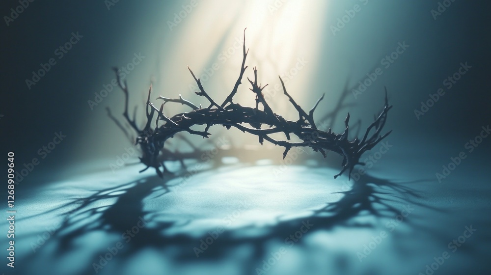 Aufkleber a crown of thorns rests on a smooth surface, its shadow intricately cast by beams of soft, glowing l