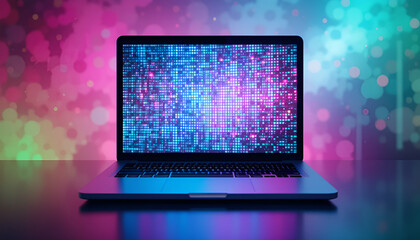 A laptop with a code on the screen, standing on a table in the server room. The digital matrix