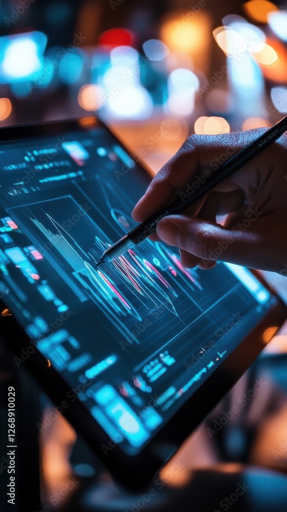 Poster hand using stylus on tablet analyzing financial data graphs