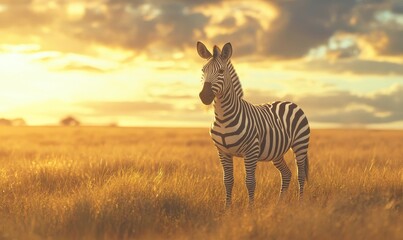 Naklejka premium Zebra standing alone in sunlit grassy plains.