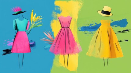 Colorful Fashion Sketches: Trendy Dresses on Artistic Backgrounds for Stock Photography