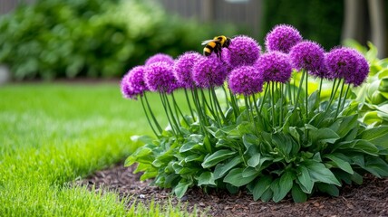 Obraz premium Purple Allium Blooms and Busy Bee - Vibrant purple allium flowers attract a busy bee, symbolizing nature's beauty, pollination, growth, springtime, and life