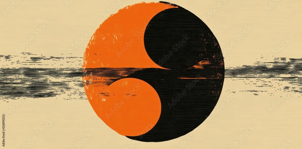 Poster abstract textured composition with contrasting circular elements and horizon