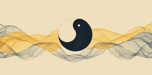 Yin yang symbol floating over flowing golden and black waves