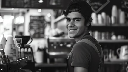 Portrait of a handsome young barista wearing a cap and apron, smiling at the camera.