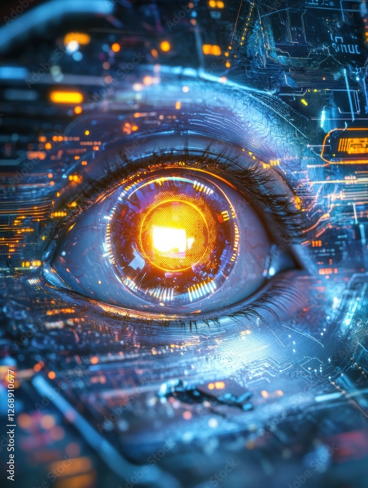 Aufkleber Close up view of a glowing robotic eye with intricate circuits in a futuristic setting showcasing advanced technology. Generative AI