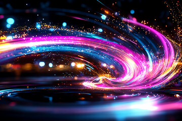 Obraz premium Holographic Flux Vortex - A mesmerizing swirling vortex of holographic energy, with ethereal beams of light and vibrant flashes of pink, turquoise, and yellow, creating a high-tech digital formation