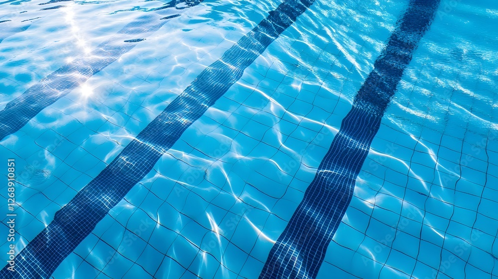 Poster clear blue swimming pool lanes with rippling water surface and sunlight reflection creating a serene