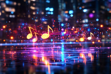 Fototapeta premium Holographic Music Flow: Glowing Musical Notes Suspended in Air with AI Light Trails, Futuristic Sound Waves Background and Glowing Light Effects