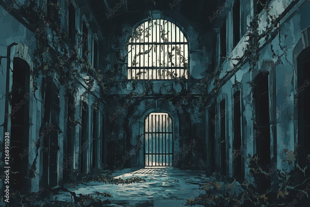 Poster abandoned prison cell block with overgrowth and barred openings