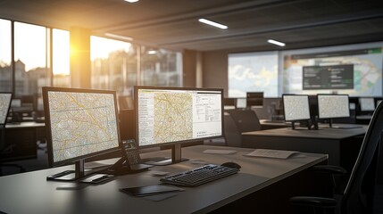 Modern Office Workspace with Dual Monitors and Map Display