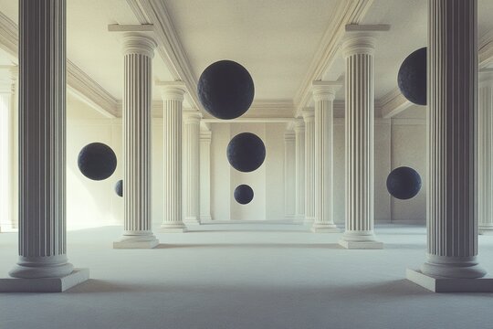 A photo of an empty white room with black spher