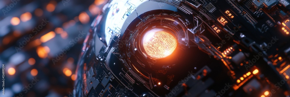 Poster Robotic eye glowing softly amidst intricate futuristic circuits showcasing advanced technology. Generative AI