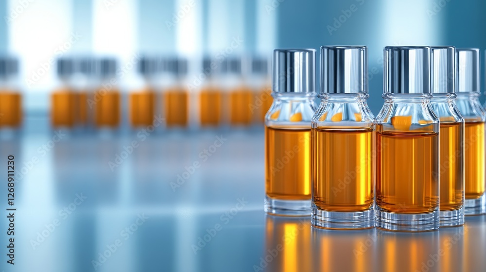 Poster elegant display of perfume bottle with amber liquid on a reflective surface in a bright setting