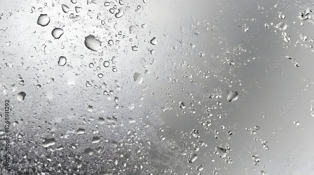 Poster Close up shot of water droplets on a transparent glass window creating a natural abstract background with a gloomy wet and blurry effect  The rain drops on the surface produce a transparent