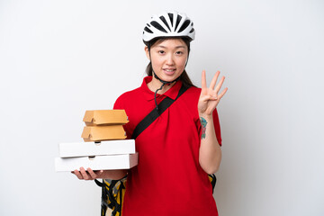 Young Chinese delivery woman taking takeaway food isolated on white background happy and counting four with fingers
