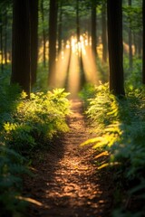 Obraz premium Sunlit Forest Pathway with Golden Sunbeams Piercing Through Trees and Lush Greenery in Serene Woodland