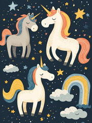 Colorful unicorns and whimsical clouds at night
