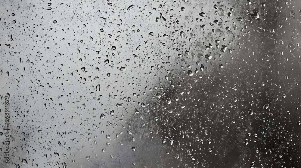 Poster close up view of glistening water droplets on a glass window pane during a rainy overcast day the tr